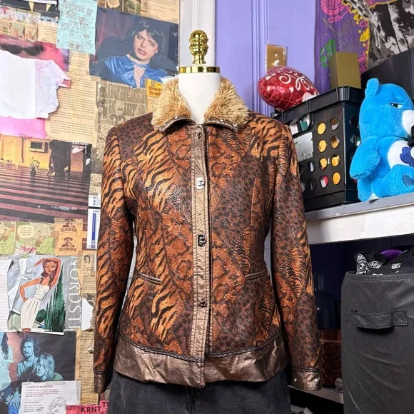 Y2K Tiger Leopard Print Faux Leather Jacket - Picture 1 of 6